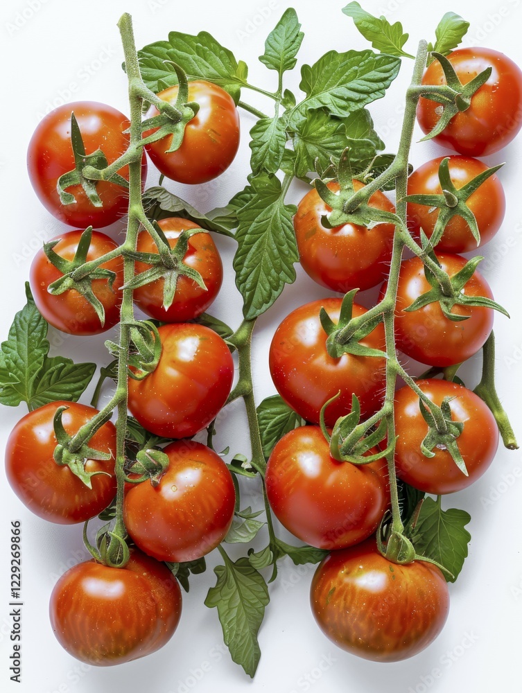 A bunch of ripe red tomatoes (Lycopersicon esculentum) hanging on the vine with green leaves, AI generated A bunch of ripe red tomatoes (Lycopersicon esculentum) hanging on the vine with green leaves, AI generated