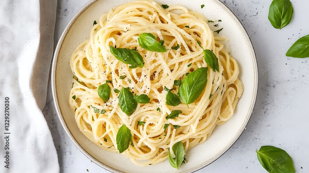 A beautifully plated dish of vegetarian pasta with fresh basil A beautifully plated dish of vegetarian pasta with fresh basil
