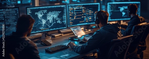 Cybersecurity team analyzing ai security threats tech lab digital