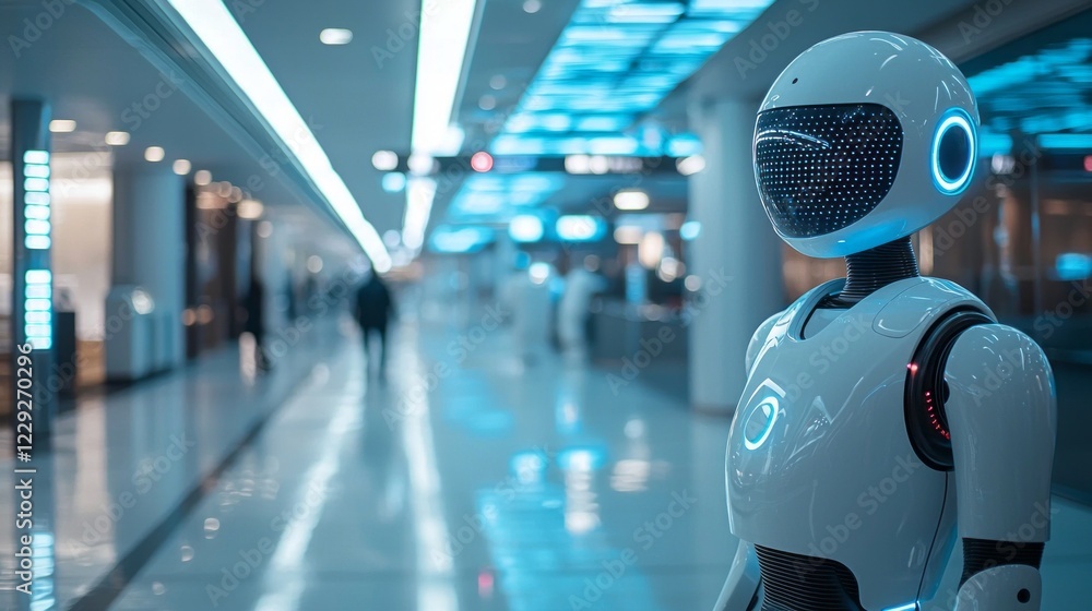 A spacious airport terminal showcases cutting-edge technology, with vibrant blue lighting illuminating robotic assistants guiding passengers through the sleek, modern space A spacious airport terminal showcases cutting-edge technology, with vibrant blue lighting illuminating robotic assistants guiding passengers through the sleek, modern space