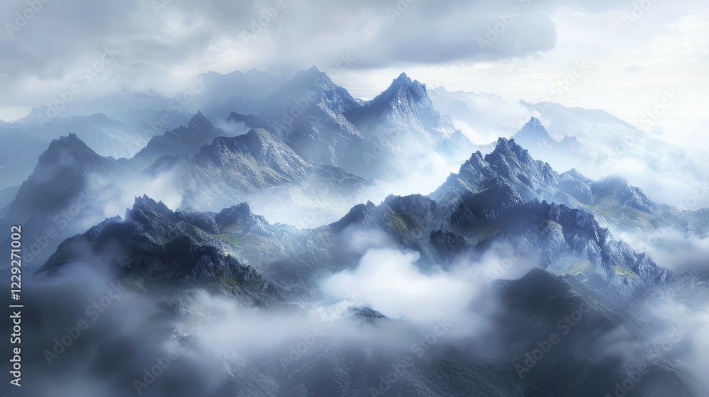 Misty mountain range with sharp peaks and clouds creating a dramatic and serene atmosphere, AI generated Misty mountain range with sharp peaks and clouds creating a dramatic and serene atmosphere, AI generated