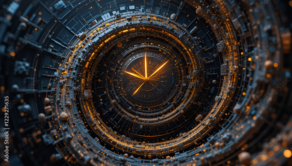Fototapeta premium An abstract spiral clock with glowing hands, surrounded by floating particles 
