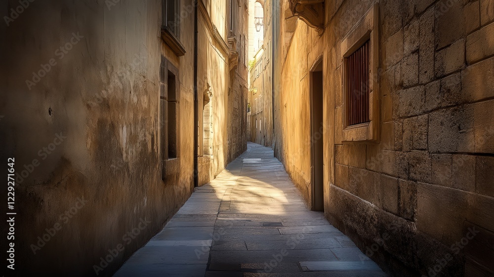 space between two tall buildings, where sunlight barely reaches the ground space between two tall buildings, where sunlight barely reaches the ground