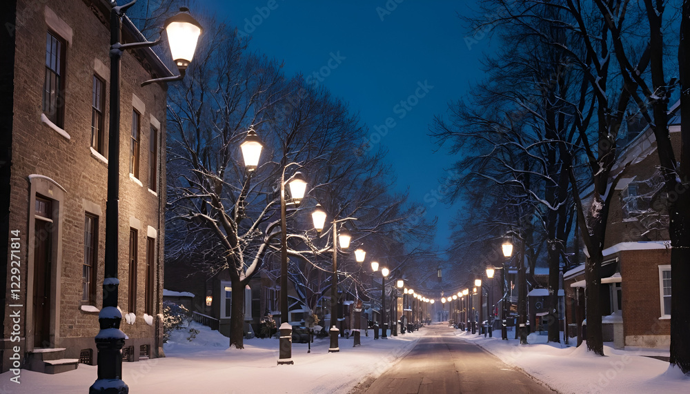 A quiet street at dusk, covered in snow, with glowing streetlights A quiet street at dusk, covered in snow, with glowing streetlights