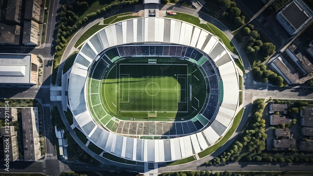 Aerial view of an empty soccer stadium showcasing with its geometric patterns, AI generated Aerial view of an empty soccer stadium showcasing with its geometric patterns, AI generated
