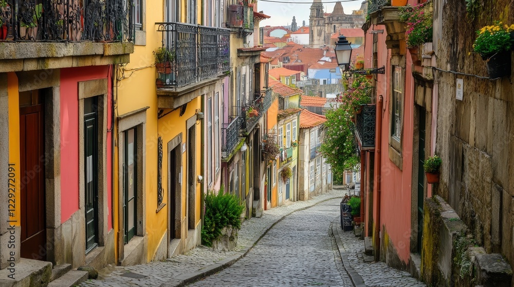 Fototapeta premium street in an old European town, where cobblestones line the ground and vintage streetlights flicker.