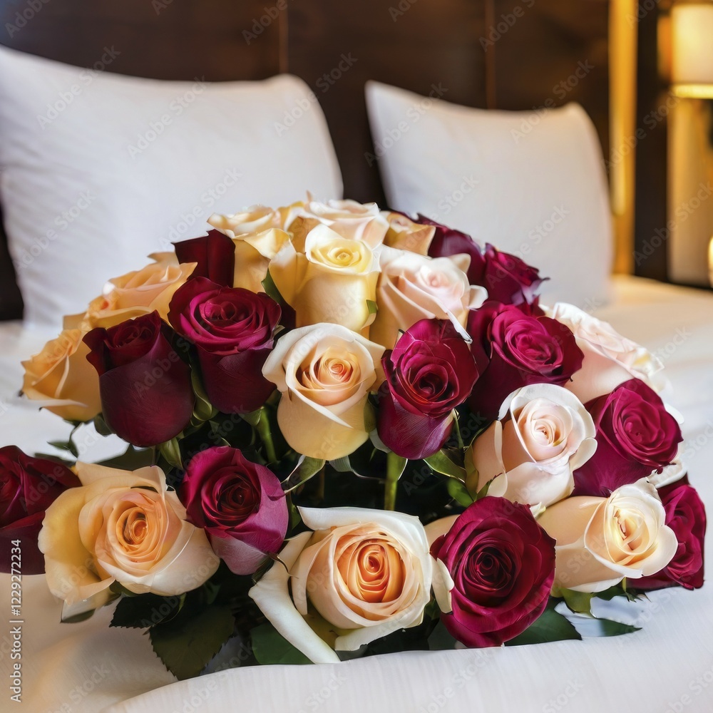 Obraz premium Bedroom featuring a large, colorful bouquet of roses on a neatly made bed, enhancing a cozy and romantic atmosphere, AI generated