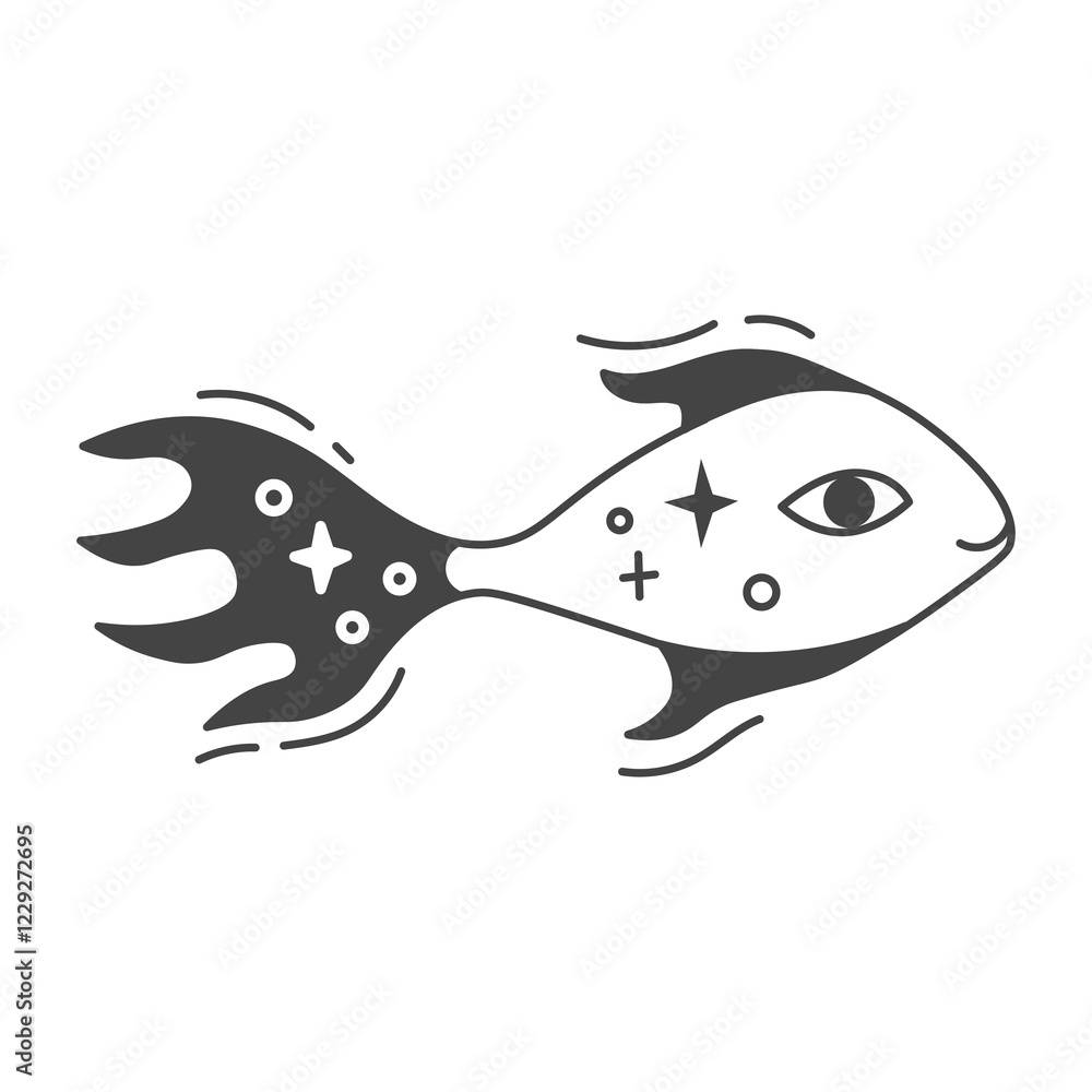 Obraz premium Mystical Fish Illustration. Doodle underwater animal with stars. Outline vector illustration. Celestial creature