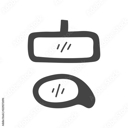 Car Mirrors Set. Side and rear view vehicle elements collection in doodle style. Outline vector illustration