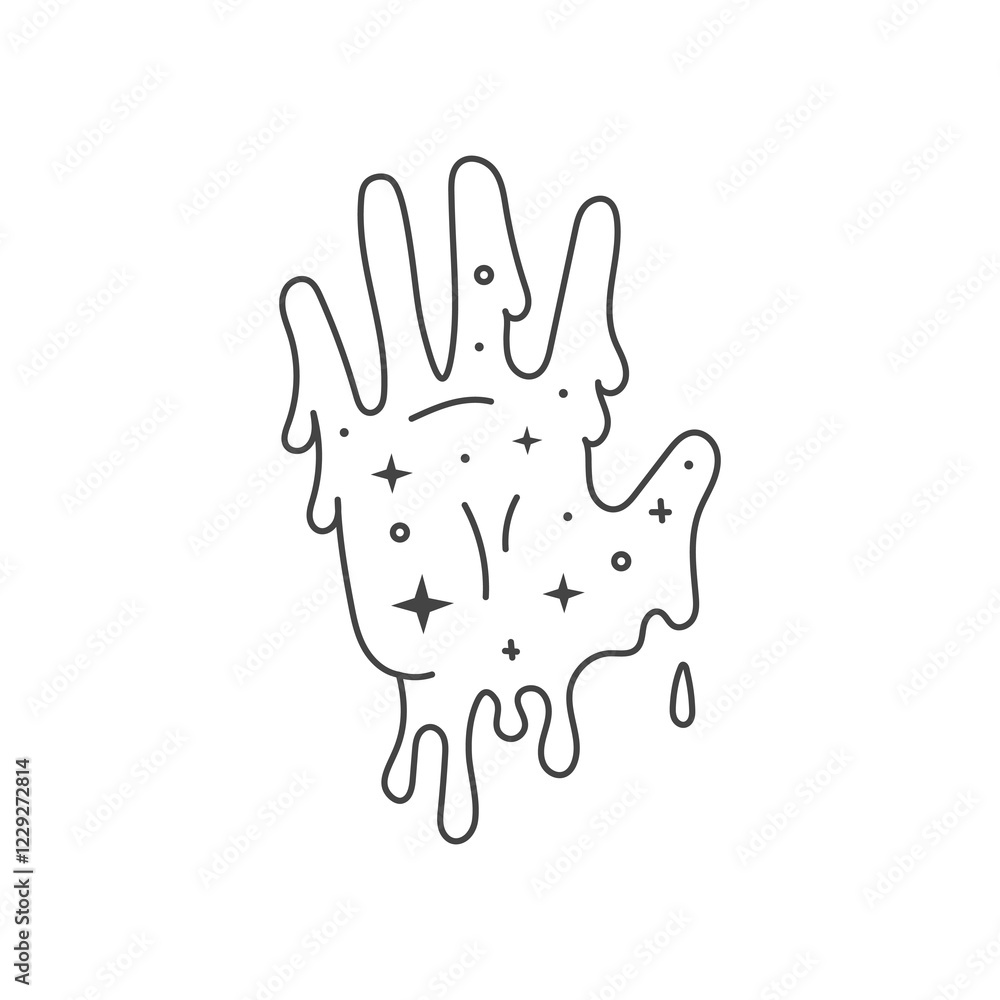 Obraz premium Surreal Melting Hand with Stars Illustration. Vector graphic of human palm with dripping fingers and drops. Outline psychedelic symbol. Futuristic design element