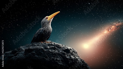 A cosmic bird perched on a rocky surface gazes at a distant comet in a starry sky photo