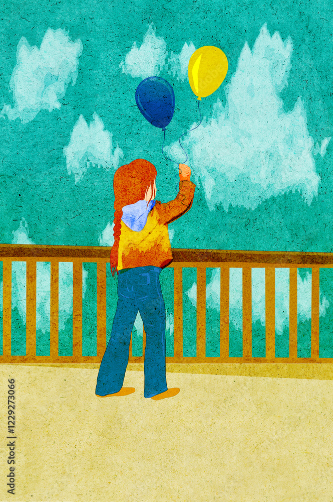 Ilustracja mała dziewczynka z warkoczem stojąca przy balustradzie z balonikami w kolorze niebieskim i żółtym w dłoni.