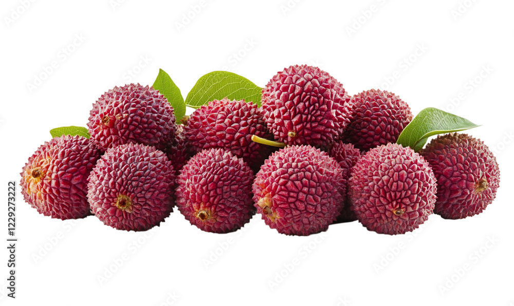 Close Up of a Pile of Fresh Red Lychees with Green Leaves Close Up of a Pile of Fresh Red Lychees with Green Leaves