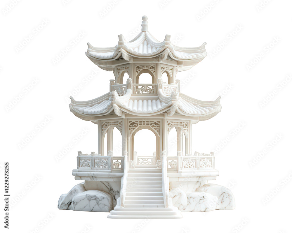 Fototapeta premium stunning white marble pagoda, showcasing intricate details and elegant architecture, evokes sense of purity and divinity. This hyper realistic structure stands marble base, perfect for serene