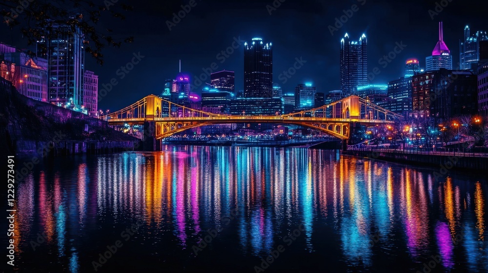 Fototapeta premium lit-up bridge crossing a river in an urban setting.