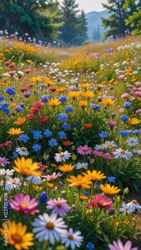 A colorful meadow filled with wildflowers and a gentle breeze