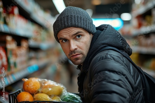 Suspicious man in a supermarket with a shopping cart