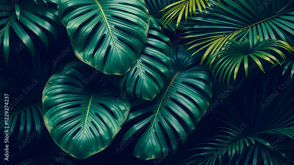 Monstera and palm leaves jungle texture Monstera and palm leaves jungle texture