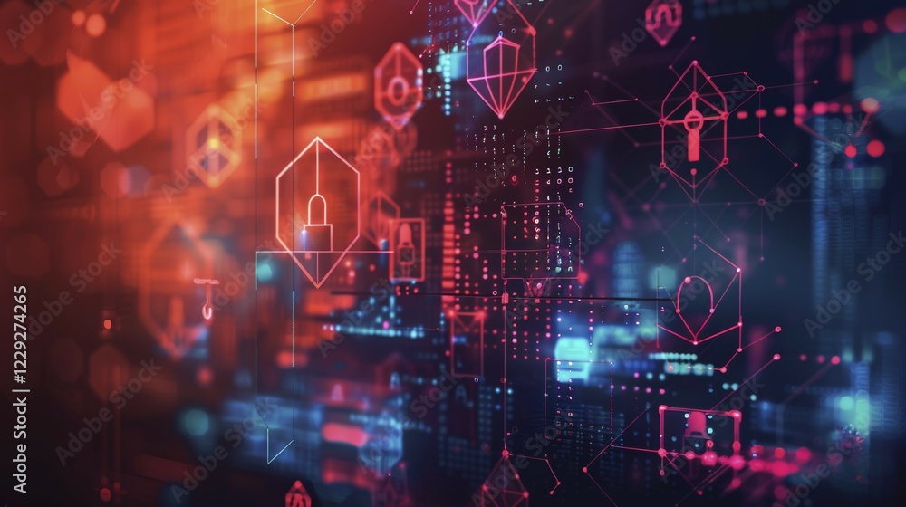 Purple and blue hued image with symbols of blockchain and cybersecurity, ai generated, AI generated Purple and blue hued image with symbols of blockchain and cybersecurity, ai generated, AI generated