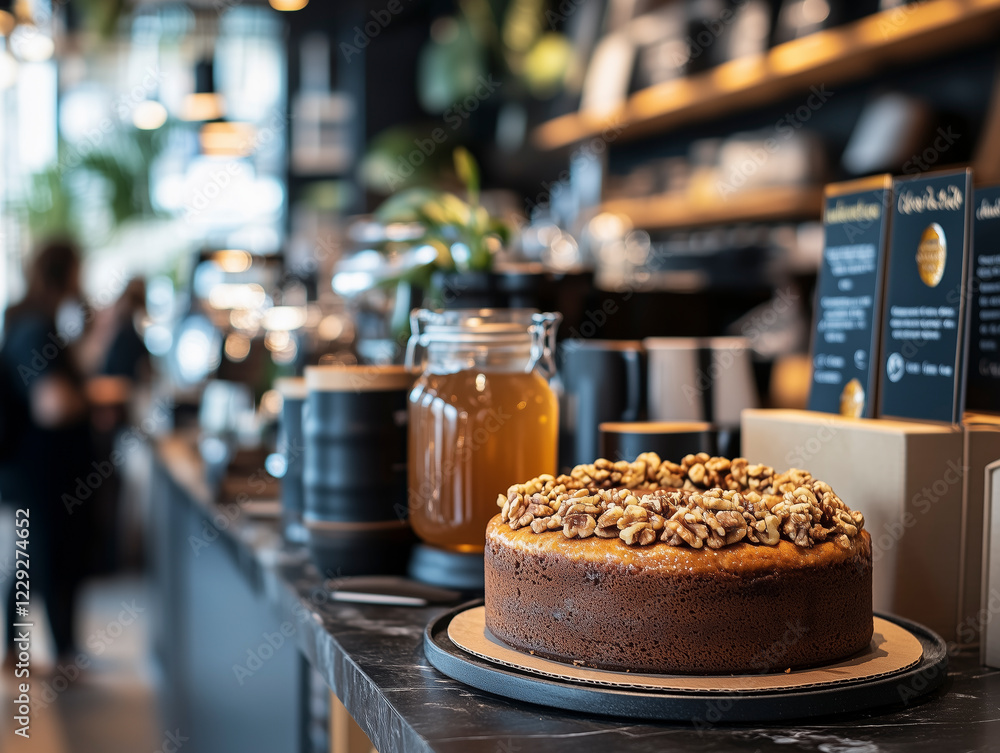 Fototapeta premium A modern café setting featuring a walnut cake as a centerpiece.