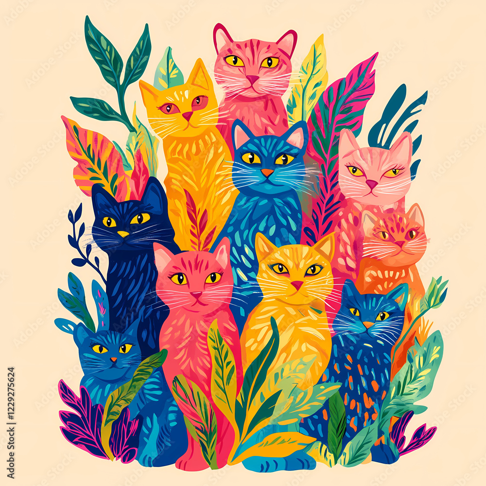 Obraz premium Colorful Illustration of cats with plants