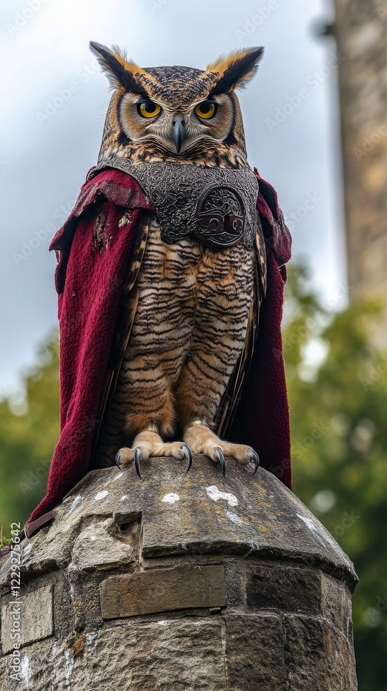 Majestic owl perched atop a stone pillar. The bird dons a regal cape and armor. A symbol of wisdom and strength. Nature meets fantasy in this striking image. Generative AI Majestic owl perched atop a stone pillar. The bird dons a regal cape and armor. A symbol of wisdom and strength. Nature meets fantasy in this striking image. Generative AI