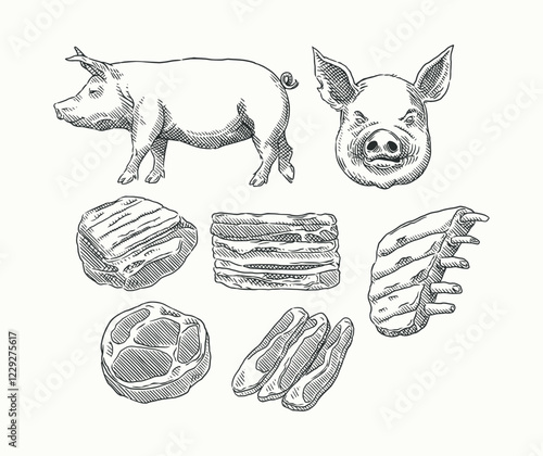 Detailed vintage-style illustration of a pork butcher chart, featuring various cuts from a pig. Suitable for butcher shops, BBQ branding, menus, and culinary infographics.