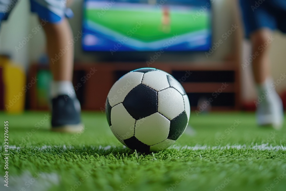 A close-up of a soccer ball on a green field, with players' legs in the background and a soccer match playing on a TV screen. A close-up of a soccer ball on a green field, with players' legs in the background and a soccer match playing on a TV screen.