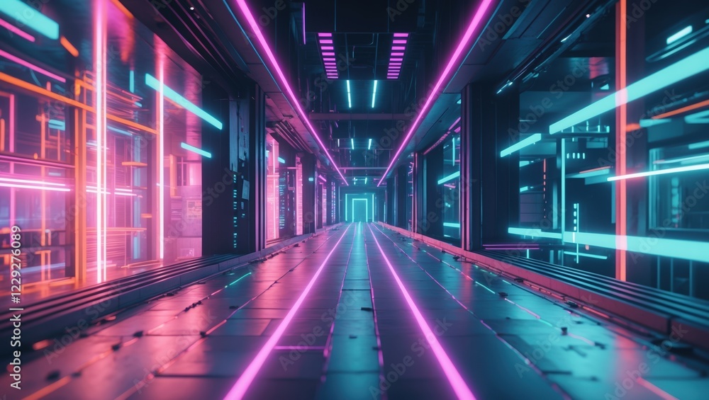 Futuristic neon hallway with reflections and vibrant colors Futuristic neon hallway with reflections and vibrant colors