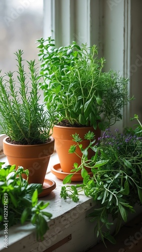 Vibrant indoor garden of fresh herbs in terracotta pots