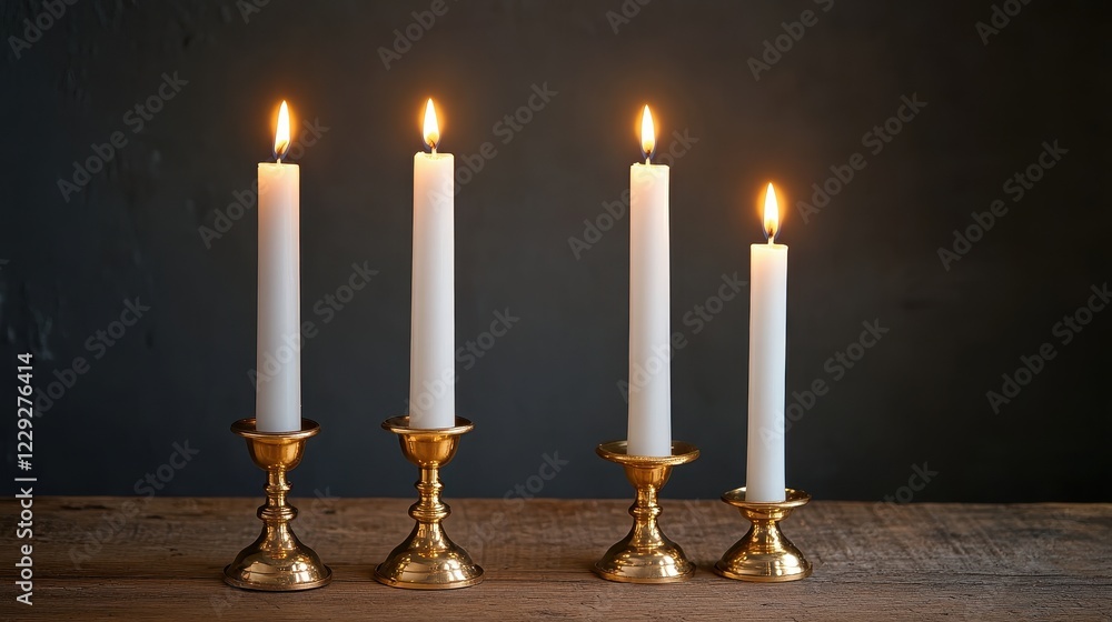 Four lit candles in brass candle holders. Perfect for meditation, remembrance, or religious themes. Four lit candles in brass candle holders. Perfect for meditation, remembrance, or religious themes.