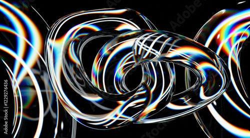 Close-up view the Abstract 3D Glass Links with Prismatic Reflections