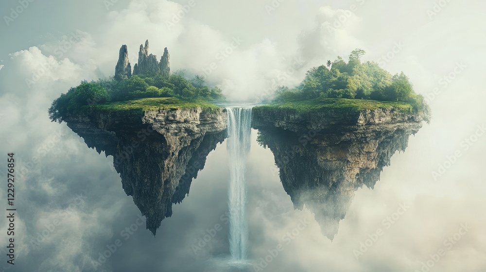 Fototapeta premium Floating Islands with Waterfall: Two idyllic, verdant islands, suspended in the clouds, are connected by a dramatic waterfall cascading between them, a breathtaking vision of otherworldly beauty. 