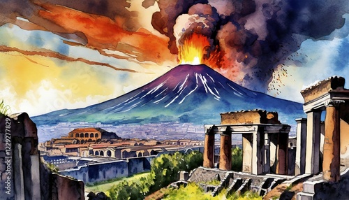 Pompeii during the eruption of the volcano Vesuvius in 79 AD, generated with AI