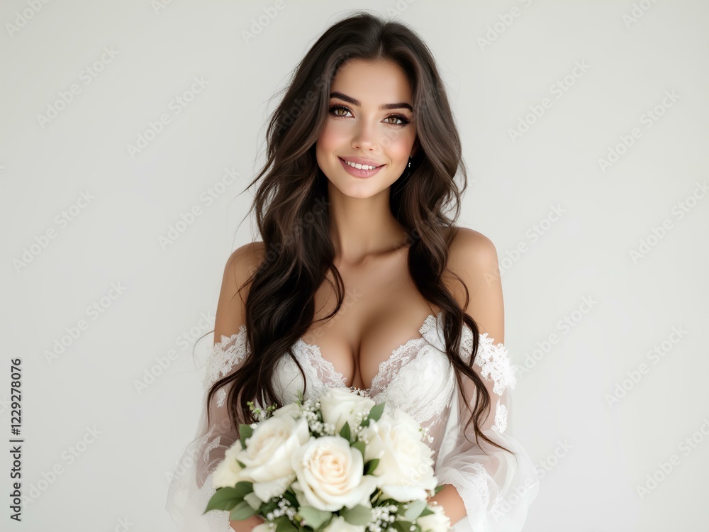 Stunning Woman in White Wedding Dress Holding Fresh Flower Bouquet, isolated white Stunning Woman in White Wedding Dress Holding Fresh Flower Bouquet, isolated white