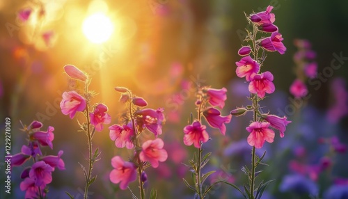 Serene view of Penstemon, Pinifolius backlit by the warm glow of a setting sun, AI generated photo