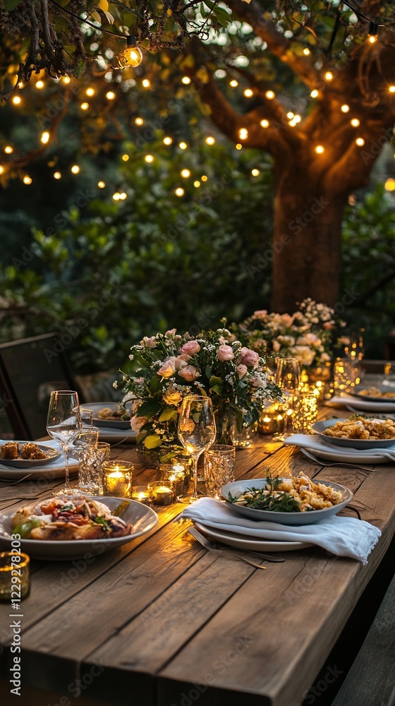 A rustic outdoor dinner table set with fairy lights and fresh flowers. picture A rustic outdoor dinner table set with fairy lights and fresh flowers. picture