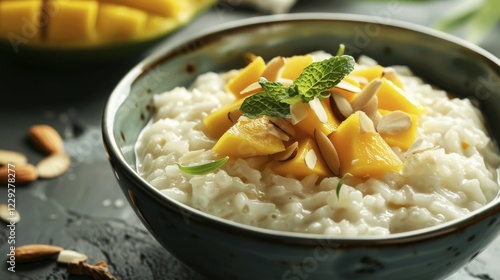 Elegantly presented rice pudding with mango chunks and almonds in a textured blue bowl, AI generated photo