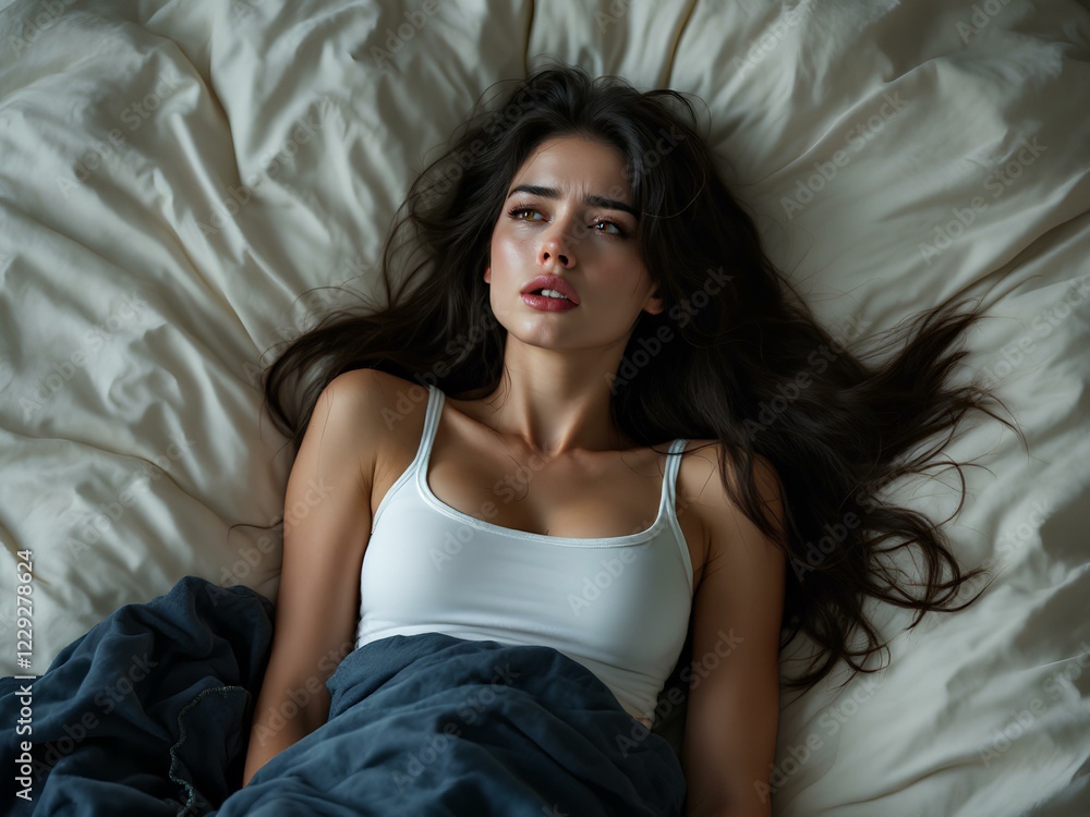 Restless Female Lying on Bed – Displaying Signs of Anxiety, a beautiful brunette in white dress and flowing long hair, Restless Female Lying on Bed – Displaying Signs of Anxiety, a beautiful brunette in white dress and flowing long hair,