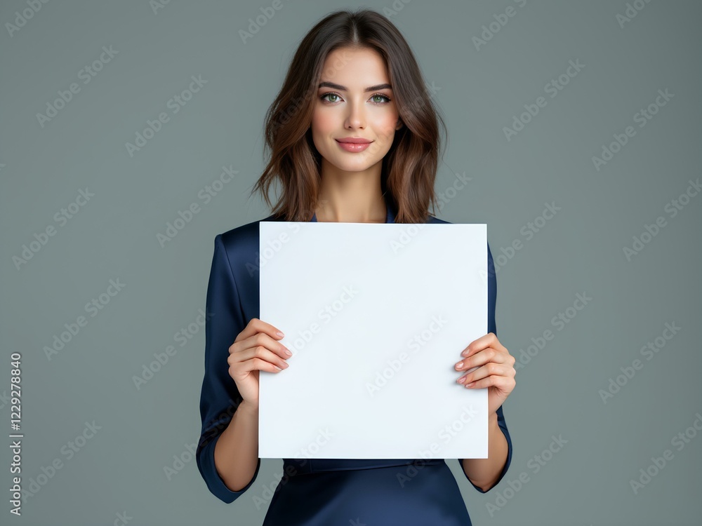 Elegant Woman in Office Attire with Blank Paper – Ideal for Business Sign Mockups Elegant Woman in Office Attire with Blank Paper – Ideal for Business Sign Mockups
