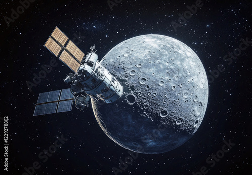 Space Station Orbiting the Moon with Stunning Starry Background