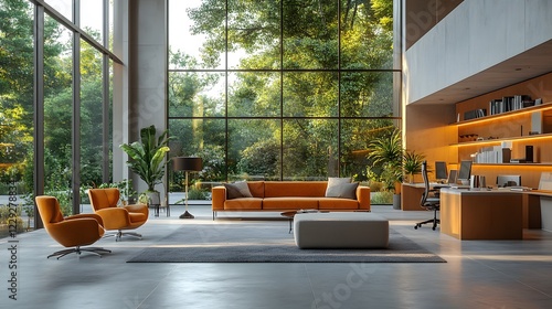 Bright and airy office with advanced technology and elegant furniture, 8K high resolution with copy space