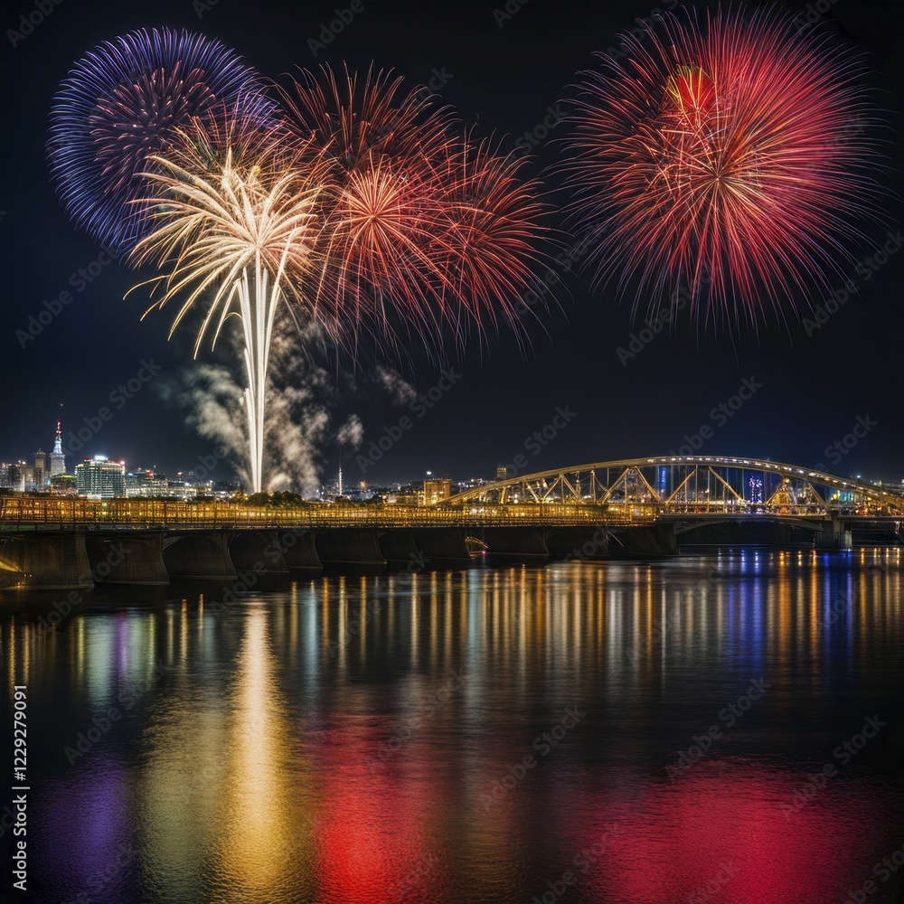 Fototapeta premium Spectacular fireworks display lighting up the night sky over a bridge and river, with colorful reflections, AI generated