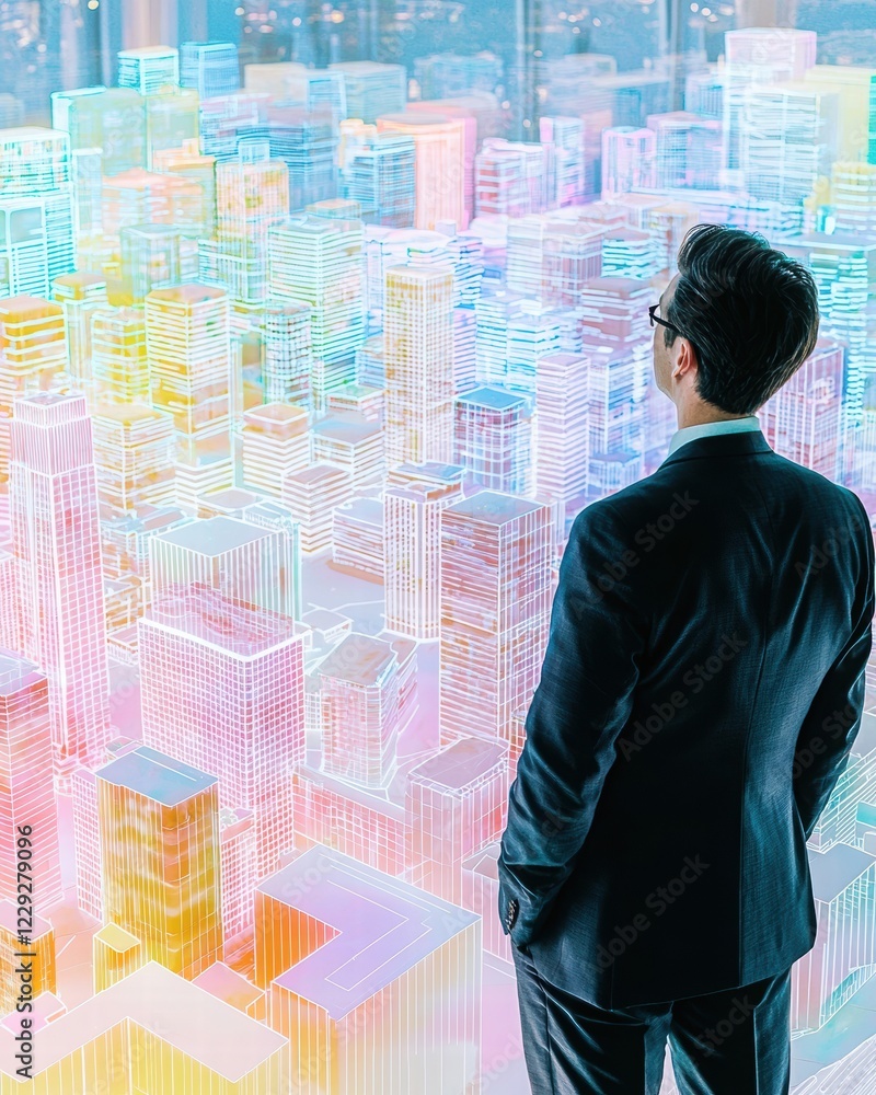 Businessman Observing Vibrant Cityscape with Colorful 3D Models Businessman Observing Vibrant Cityscape with Colorful 3D Models