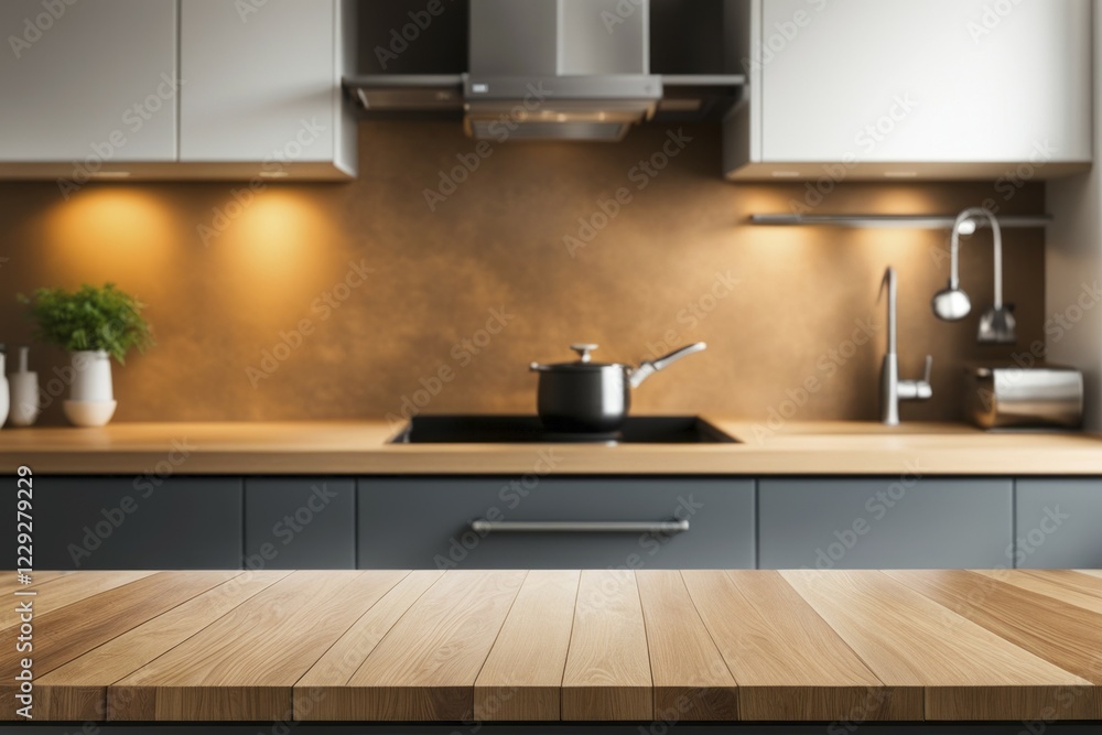 Fototapeta premium Modern kitchen with wooden countertop, warm lighting, and functional design creating a cozy environment, AI generated