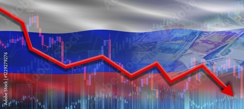 Financial fall of Russia economy on market graph. Russian financial crisis on economic graph, economic collapse