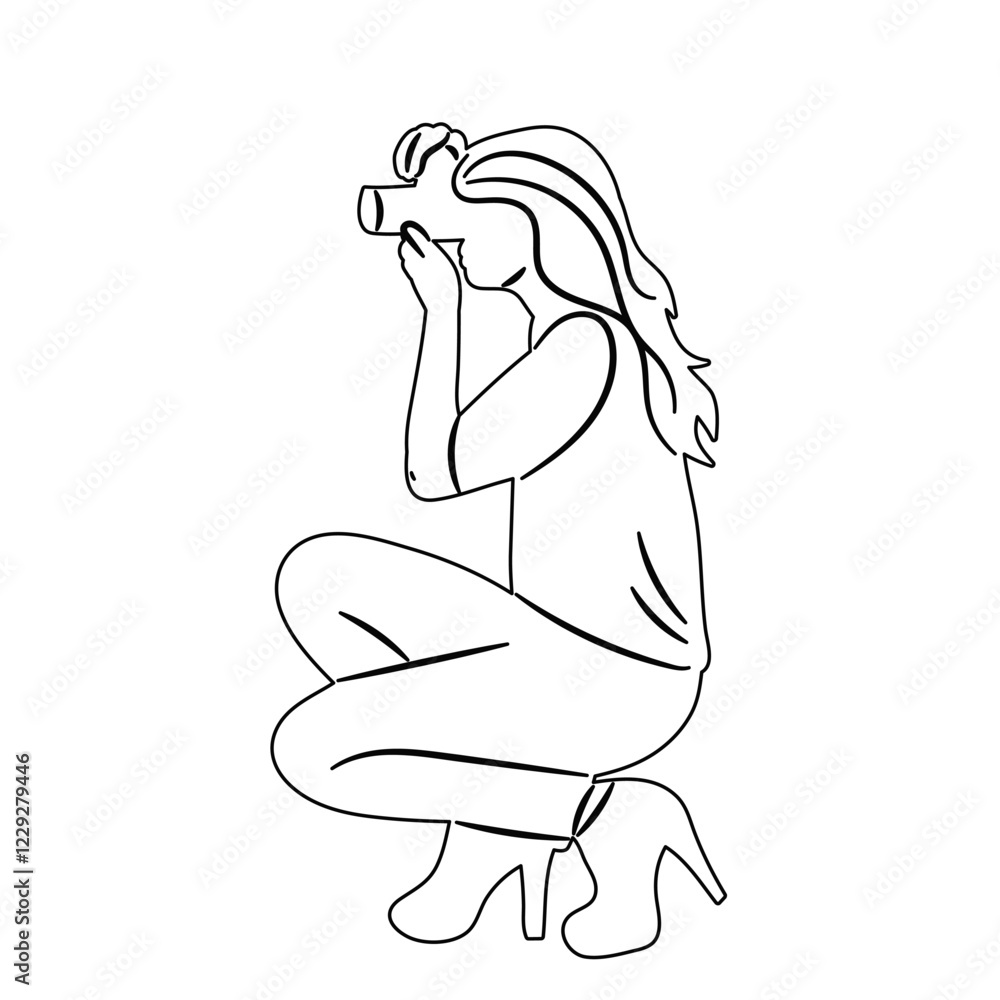 Fototapeta premium woman taking photo sketch, outline vector