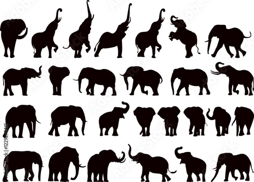 elephants in different poses set black silhouette vector