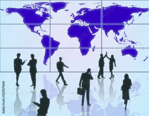 Business people in front of a world map, illustration photo