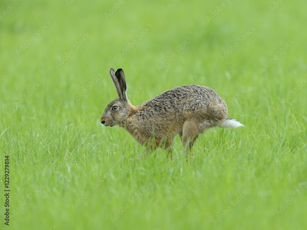 Fototapeta premium European hare (Lepus europaeus), running in a meadow, Lower Rhine, North Rhine-Westphalia, Germany, Europe
